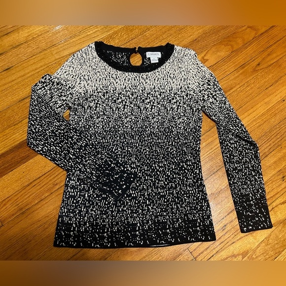 Carmen Marc Valvo Sweaters - Carmen Marc Valvo White & Black Beaded Crew Neck With Gold All Over Specks M